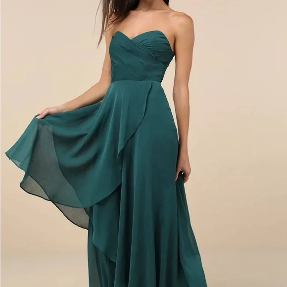 Lulus Revered Elegance Emerald Green Pleated Strapless Maxi Dress NWT - Picture 2 of 7